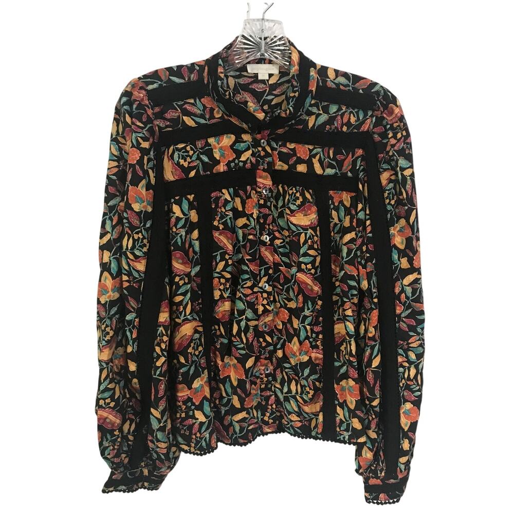 Jennifer & Grace Blouse Top Size Medium Black Floral Boho Long Sleeve Button Up